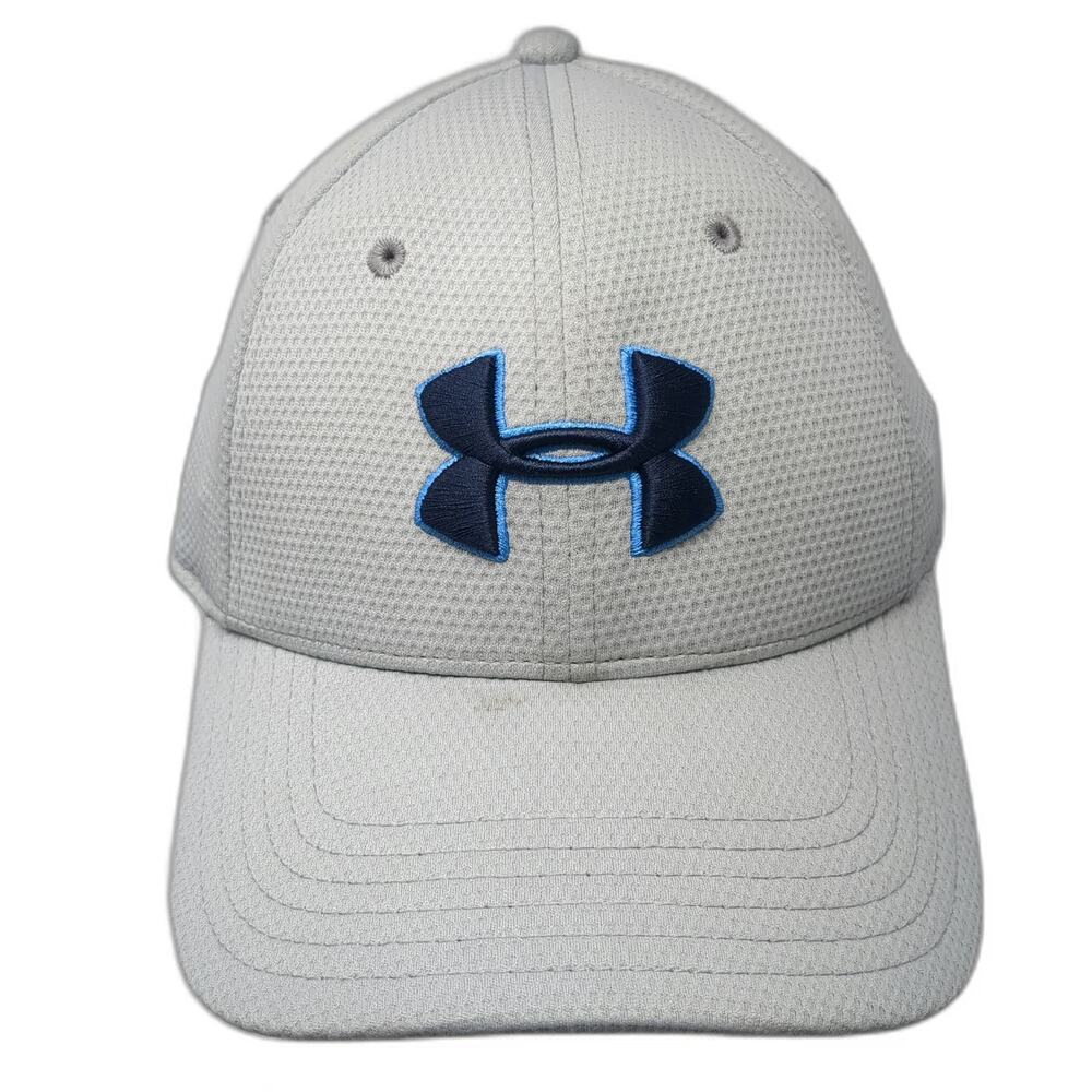 Under Armour Baseball Cap Gray L Fitted Textured Hat Navy Blue Logo Performance